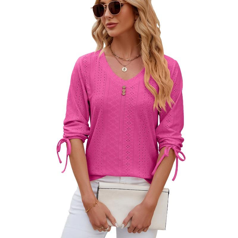 Spring and Summer Women's T-shirt New Button V-neck Solid Color Loose T-shirt Mid-sleeved Tops