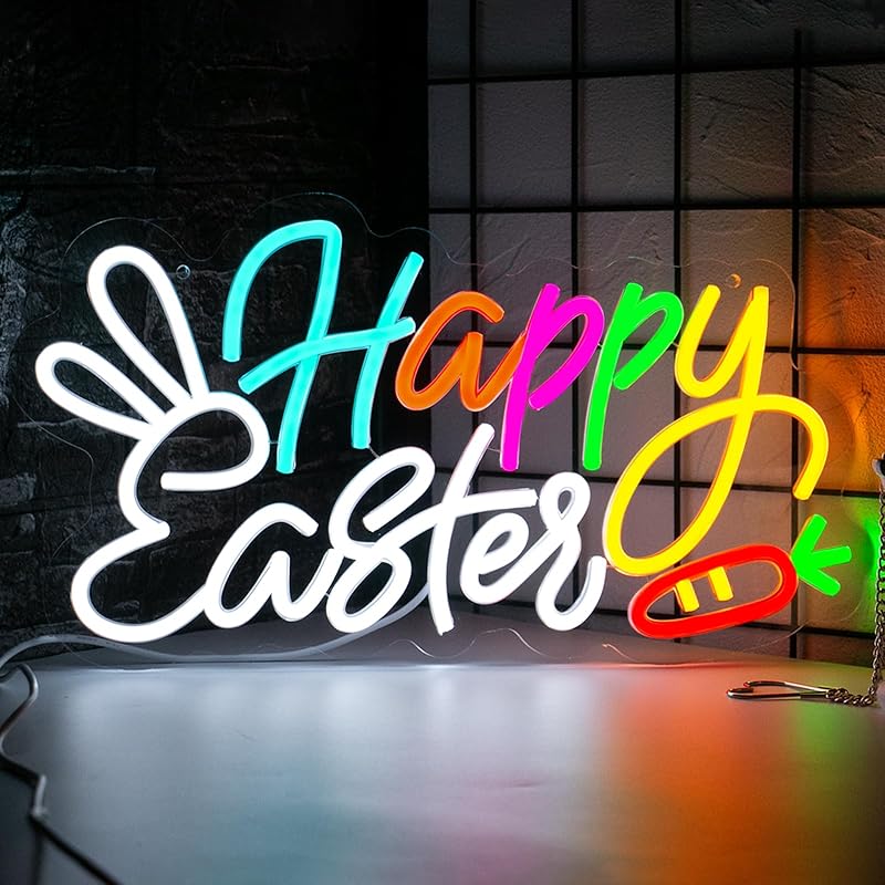 Happy Easter Neon Sign Easter Bunny Neon Light for Wall Decor, USB Powered & Dimmable LED Easter Window Lights for Kids Gifts Bedroom Party