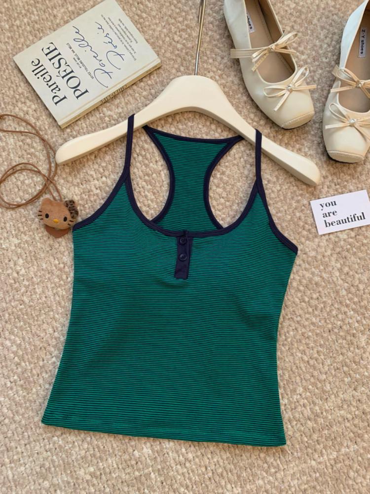 Spring/Summer Korean Slimming Striped Color Block U-Neck Backless Camisole for Women