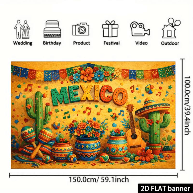 2D flat banner background fabric for a Mexican-themed party with the word "MEXICO" in color in the center