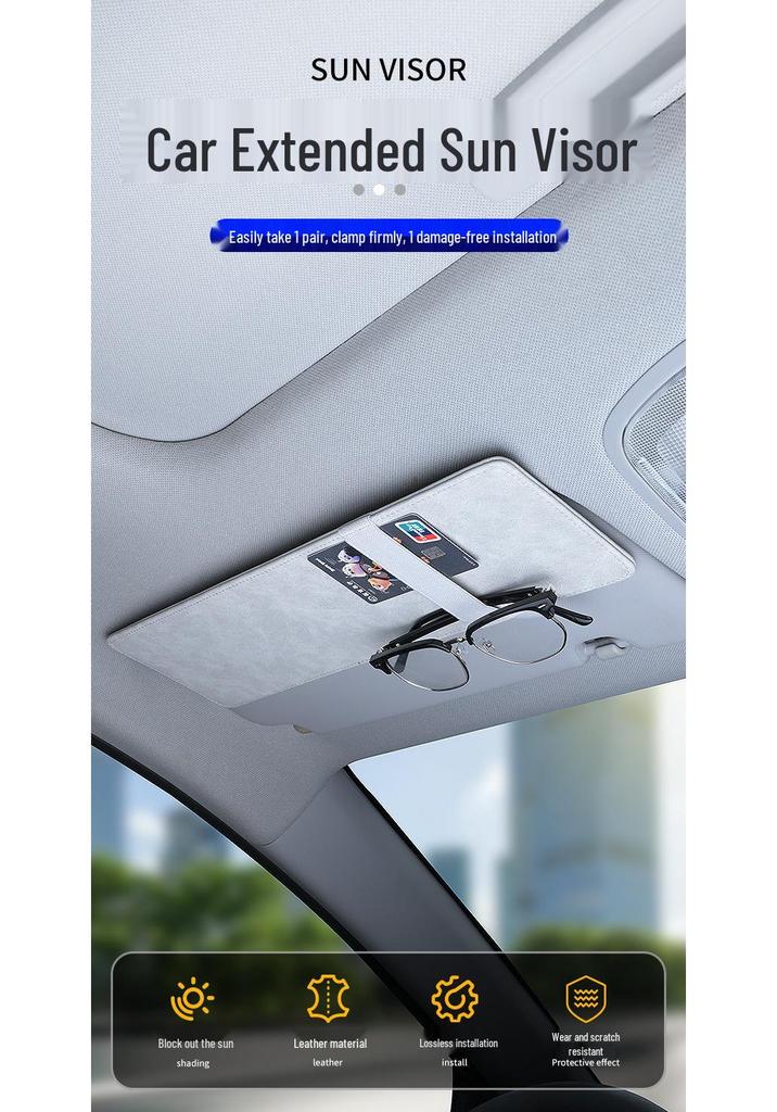 Extended Sun Visor with Sunglasses and Card Holder for Driver and Passenger