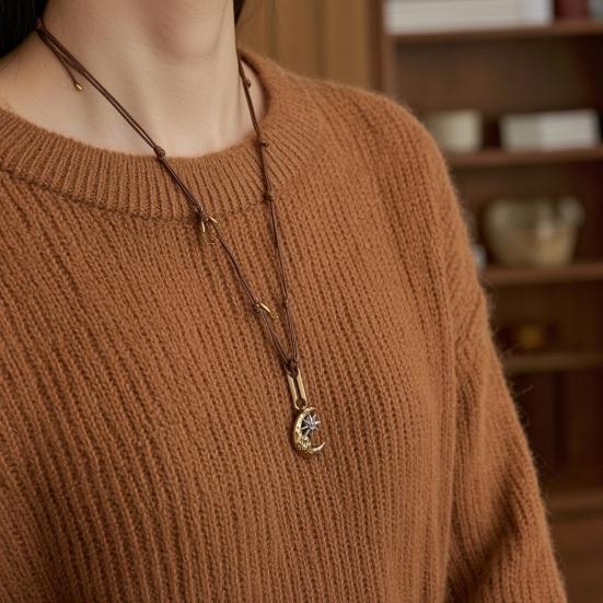 Moon Necklace for Women, Layered Crescent Moon Pendent Rope Choker Necklace, Boho Retro Adjustable Jewelry