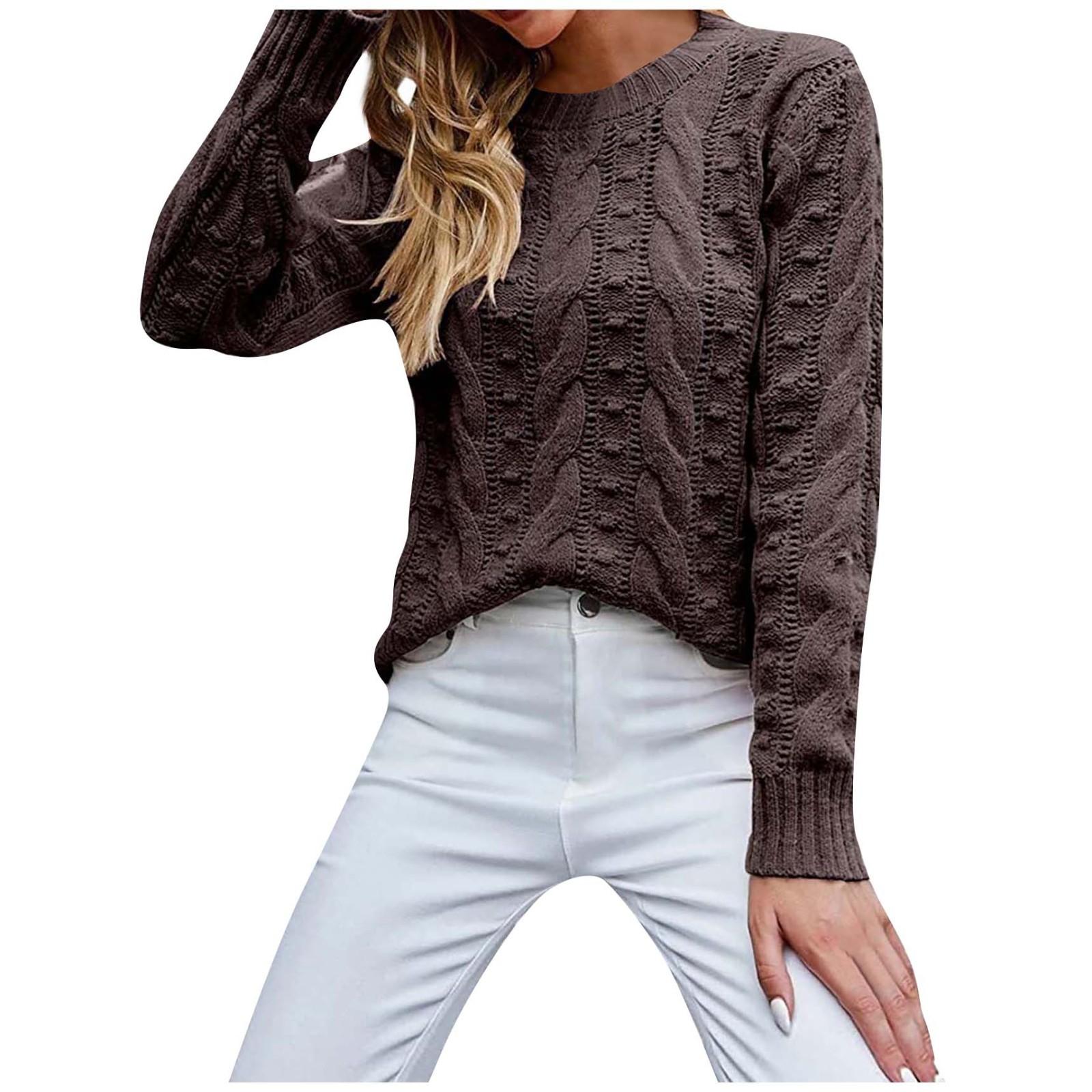 Женский однотонный пуловер с длинным рукавом и круглым вырезом — фото 8