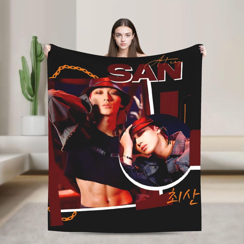 Warm Blanket Travel ATEEZ Choi San Throw Blanket  Flannel Bedspread For Couch Chair Sofa Bed Funny Sofa Bed Cover