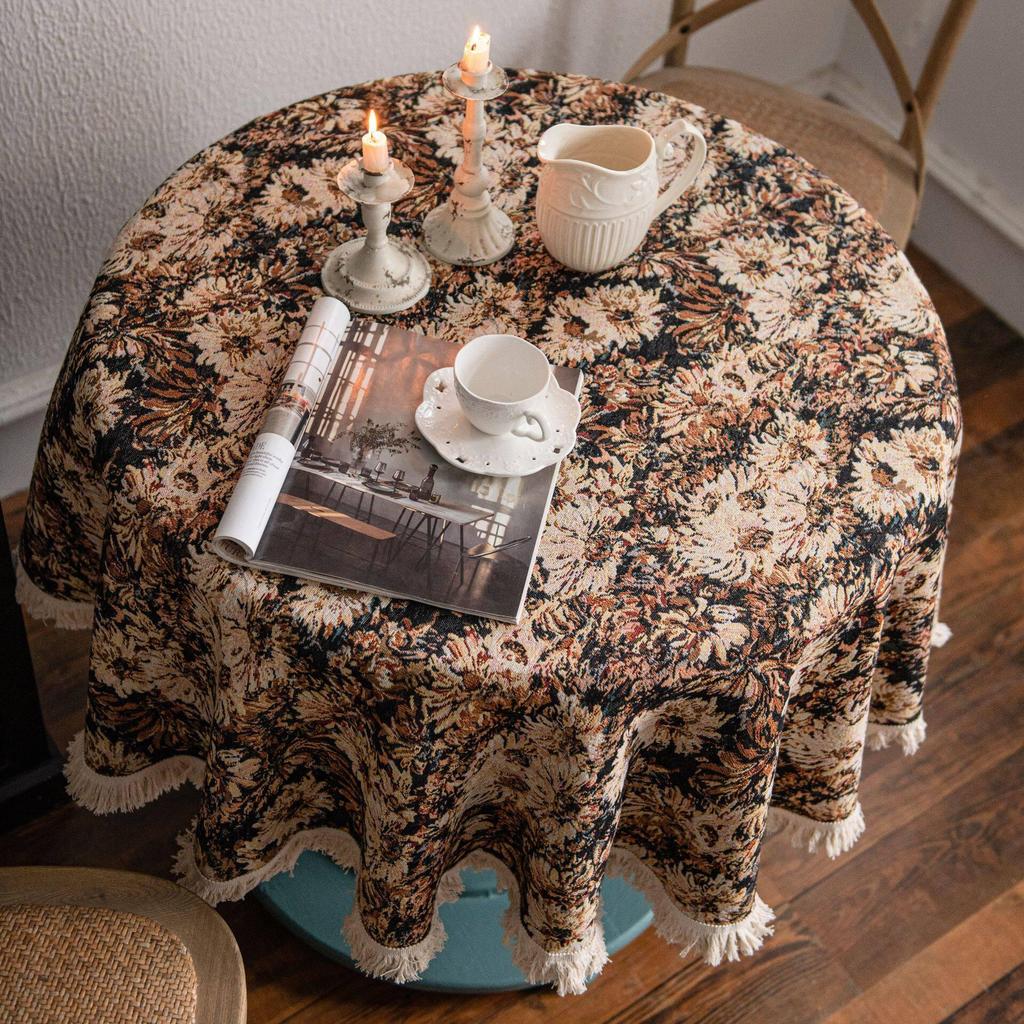Vintage Round Tablecloth, Coffee Cotton Linen Florals Table Cloth, Anti-Wrinkle Decorative Tablecloths for Dining, Kitchen Wedding, Thanksgiving