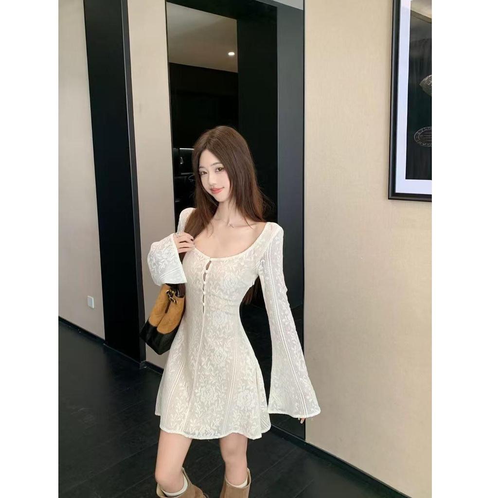Hollow Lace Bell Sleeve Dress - Women's Elegant Slimming Autumn Style, Waist-Cinching Long Sleeve Skirt