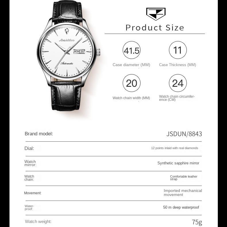 JINSHIDUN Markenuhr Automatische mechanische Uhr Doppelkalenderuhr Modetrend Herrenuhr Herrenuhr