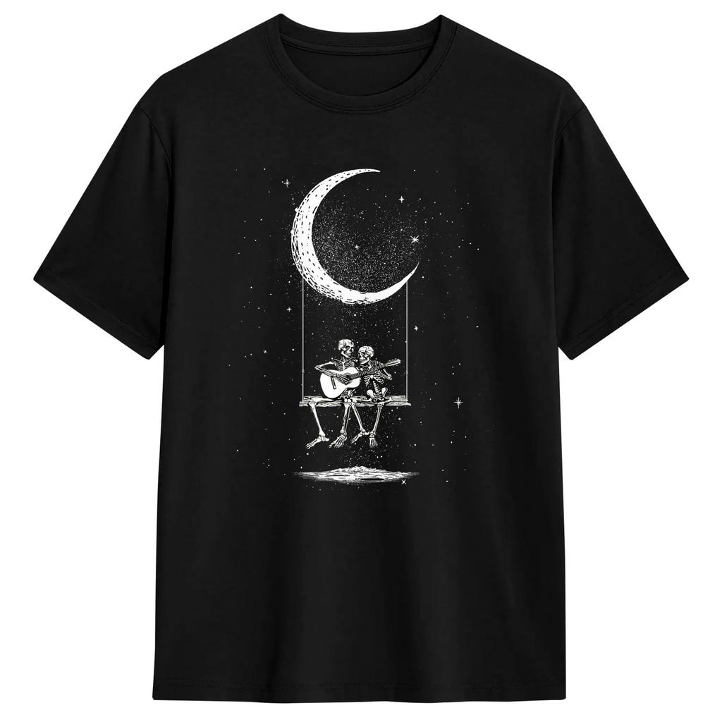 Skeleton Couple Moon Swing Guitar Lover Halloween Rock T-Shirt for Funny Cotton Tees Crew Neck Short Sleeve T Shirt