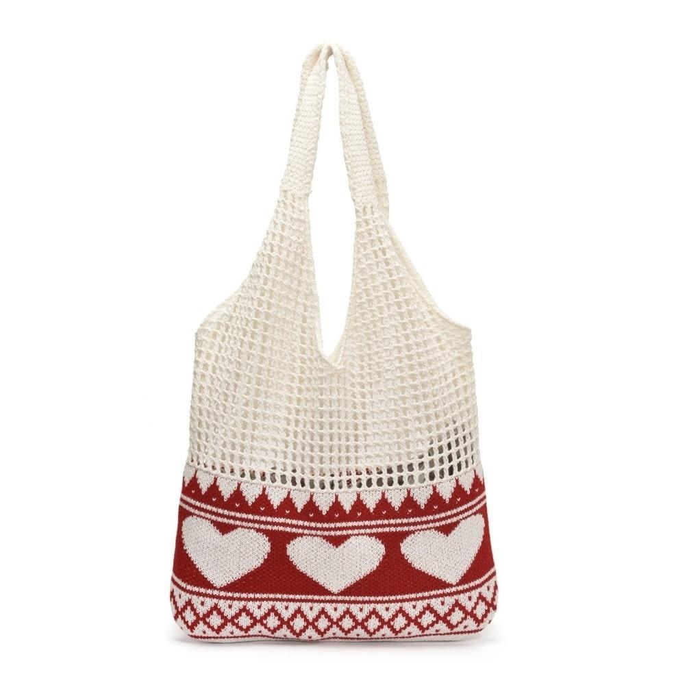 

New Korean Style Shoulder Bags Knitted Material Cute Heart Pattern Beach Hangbag Large Capacity Shopping Bags Casual Outing