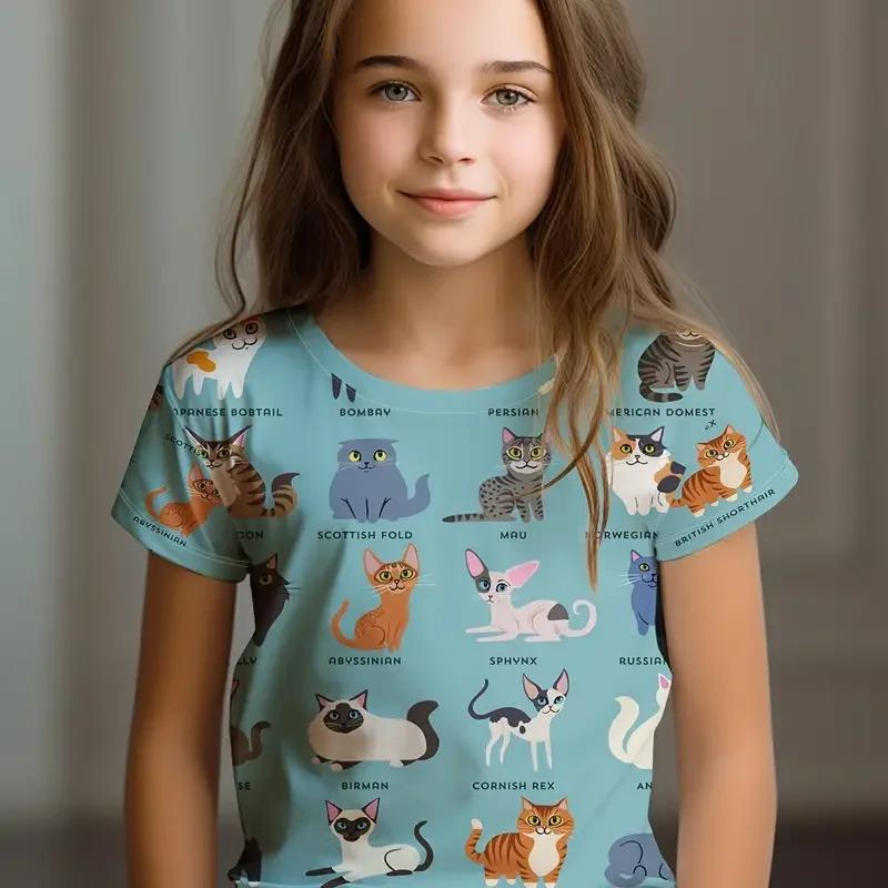 Kids Clothes Children's T-Shirt Girl Short Sleeve Top Cartoon Cat Girls Summer Clothes Child T-Shirt  Children's Clothing