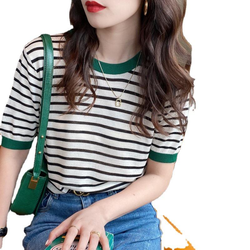 Ice Silk Women's Striped T-shirt, Short Sleeve, Plus Size, Korean Style, 2026 Summer Collection