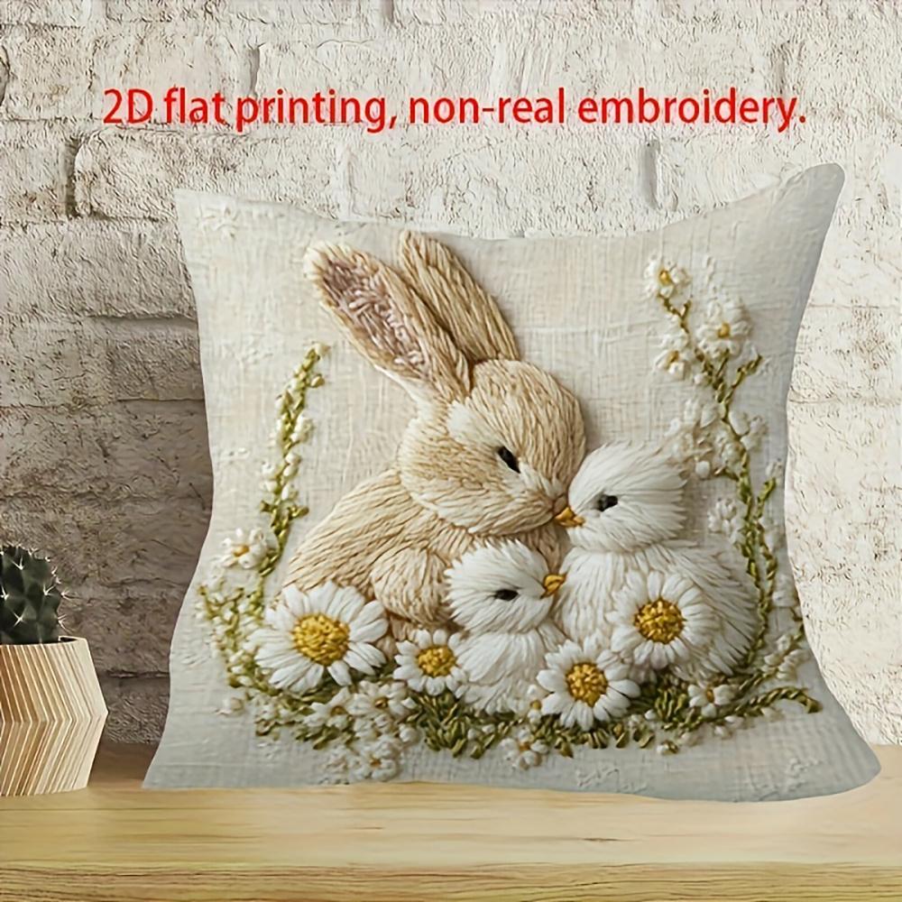 Vikama Faux Embroidery Rabbit And Daisy Cushion Cover 2D Printed Living Room Sofa Cushion Cover Bedroom Home Decor Pillowcase