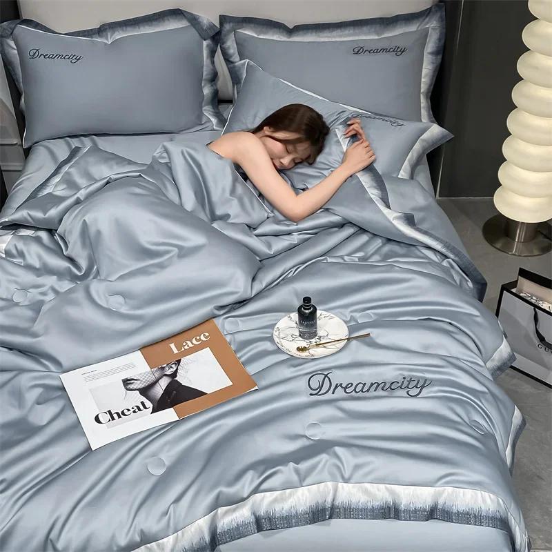 Digital Edge Wash Silk Embroidery Sky Silk Ice Silk Summer Quilt,Smooth Air Condition Comforter Lightweight Summer Quilt