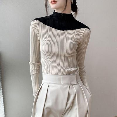 Suéter de malha com gola alta para mulheres, design de outono e inverno, suéter escovado, ajuste fino e base de camisa feminina