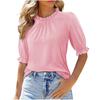 New Women's Solid Color Button Crew Neck Medium Sleeve Pleated Top