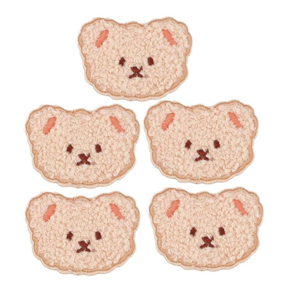 5pcs Bear Head Plush Teddy Bear Patches Self-adhesive Cartoon Embroideried Badges Cute DIY Clothes Sticker Sewing