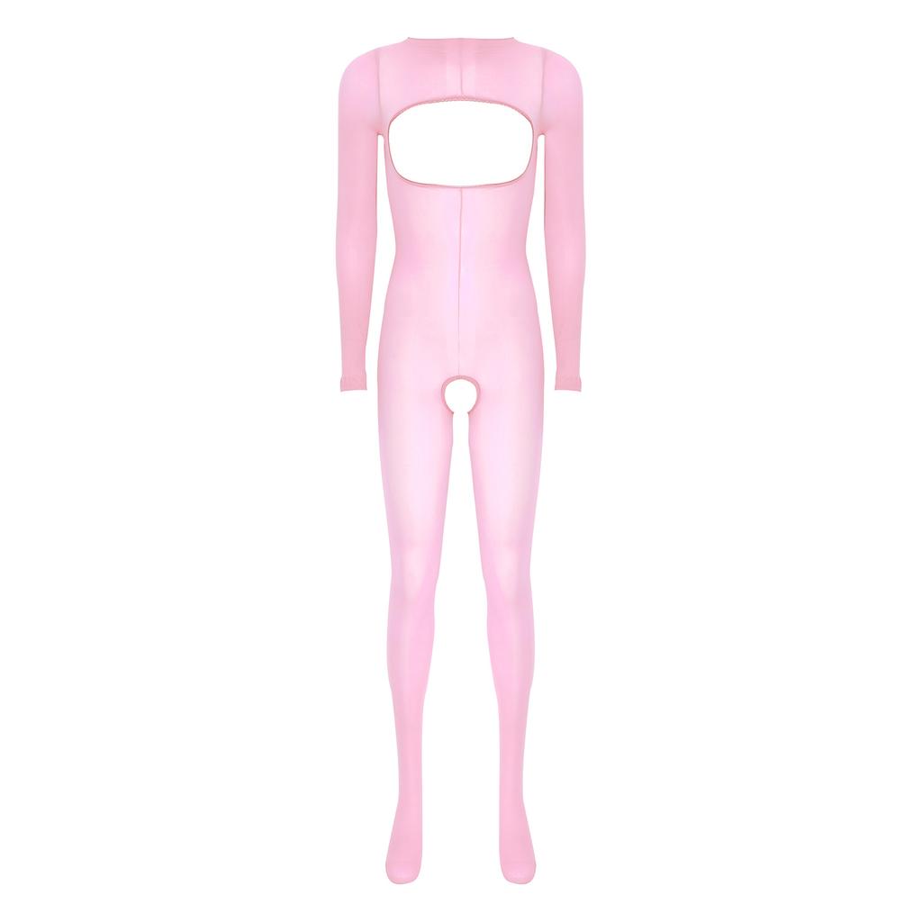 Damska błyszcząca prześwitująca body-pończocha z długim rękawem, otwarta w kroku i na biuście