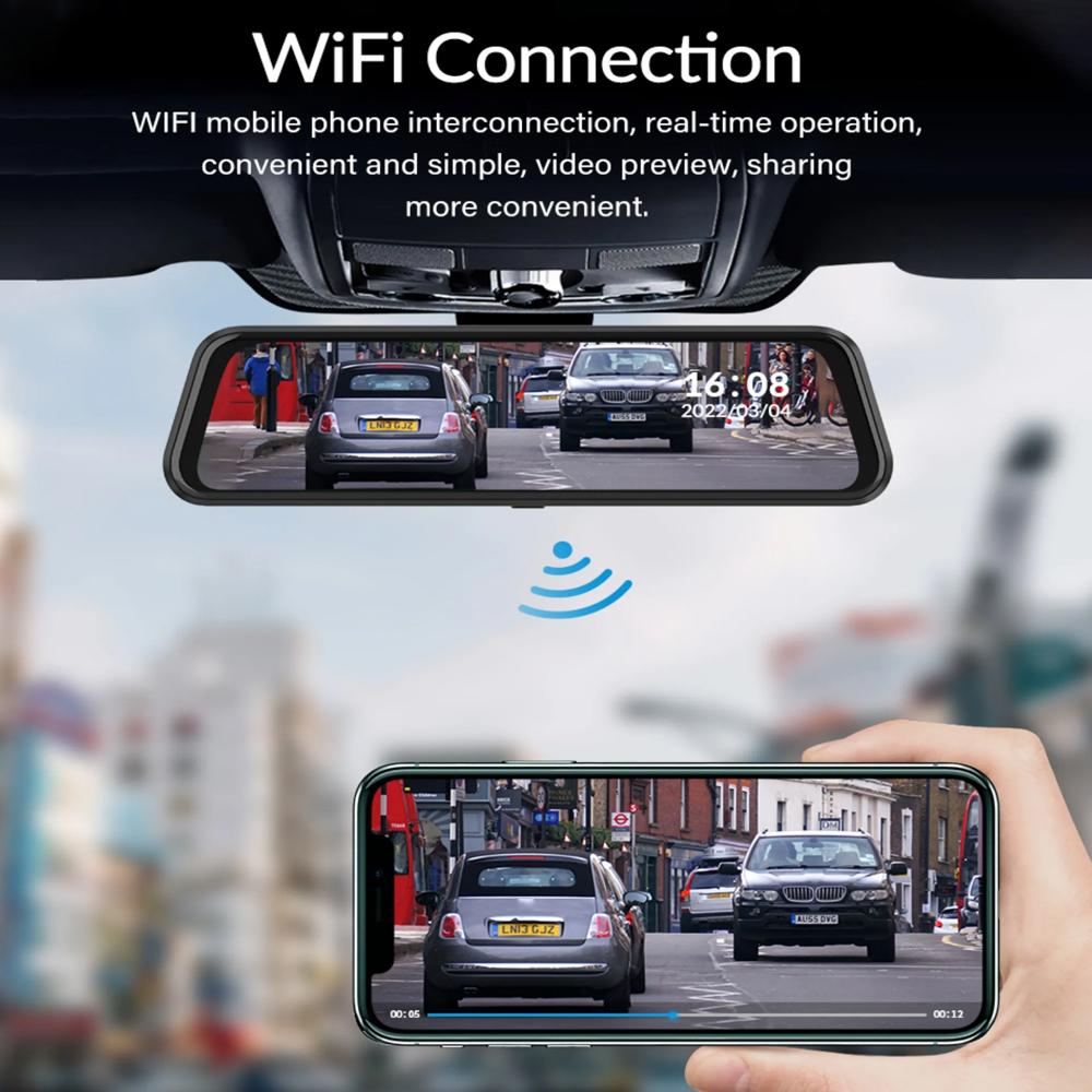 Câmera de painel com espelho WiFi 4K, espelho retrovisor dianteiro e traseiro WDR, câmera de carro com tela sensível ao toque IPS de 10", aplicativo, visão noturna, assistência de estacionamento