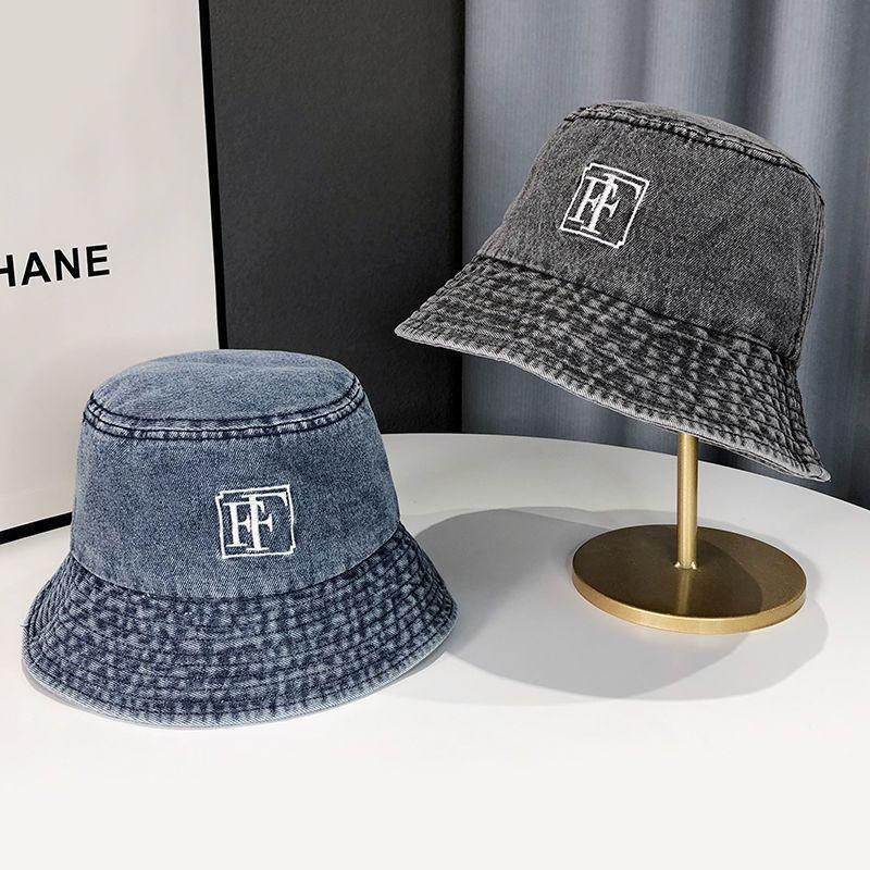 Hat women's retro washed denim bucket hat big head circumference washbasin hat embroidery versatile bucket hat