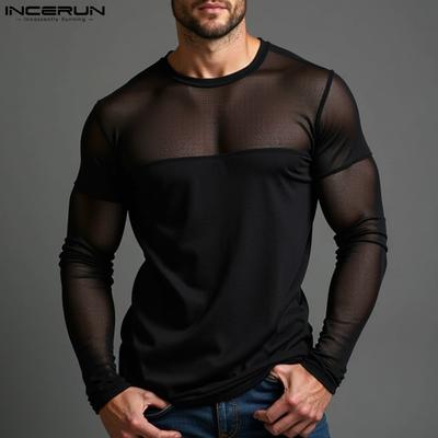 Men O Neck Long Sleeve Stitching Mesh Sheer T-shirts See Through Club Tops