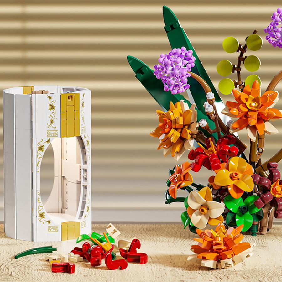 New Year Home Decor Artificial Flower Bouquet Building Blocks With Luminous Vase MOC Flowers Blocks DIY Kids Toys