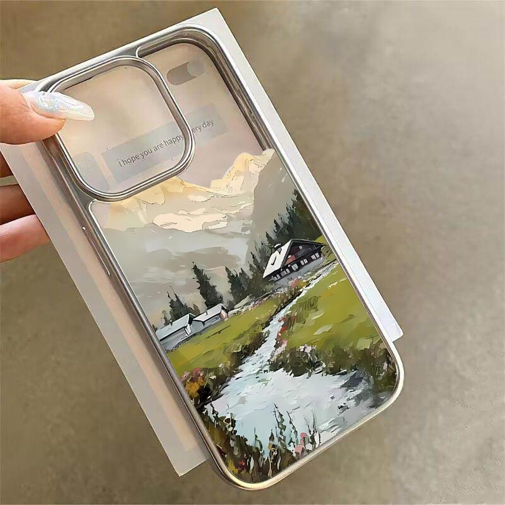 

Pastoral Oil Paintings Scenery Clear Case For iPhone 16 Pro Max Cases iPhone 17 11 12 13 14 15 Pro Max Plus Plating Drop Coque iPhone 12 Pro Max
