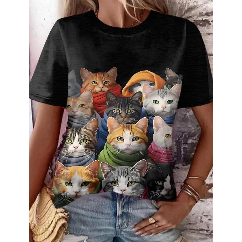 Summer Round Neck 3D Cute Cat and Dog Print Top Fashionable Casual Short Sleeved Women's T-shirts
