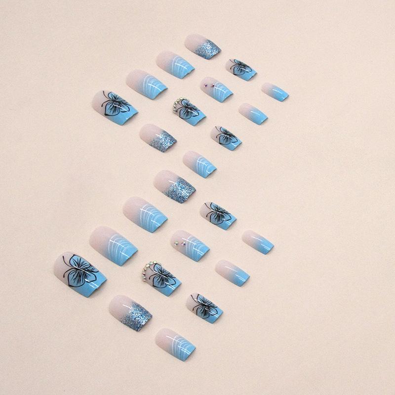 Cool summer sparkle French European and American ins style square diamond butterfly glitter fake nails