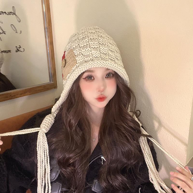 Red Hat for Women In Autumn and Winter Warm Wool Hat Tassel Knitted Hat Hand-knitted Ear Protection Hat for Women
