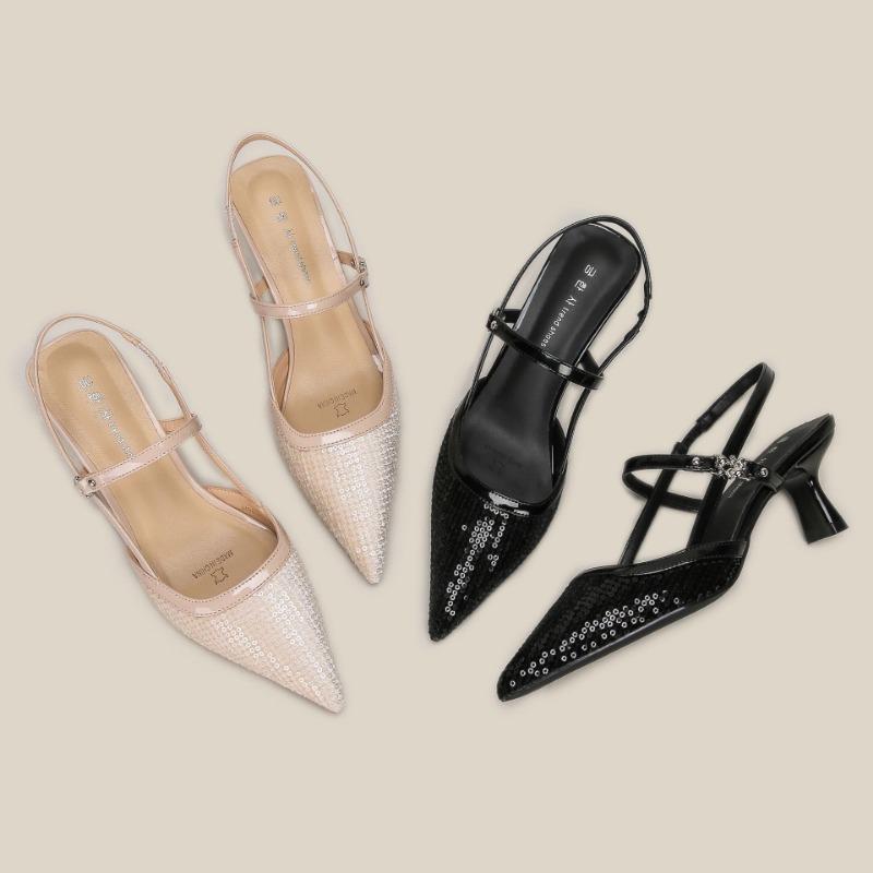 H963-1 black half bag head high heel sandals pointed head thin heel summer women's shoes sheepskin insole beaded sheet surface