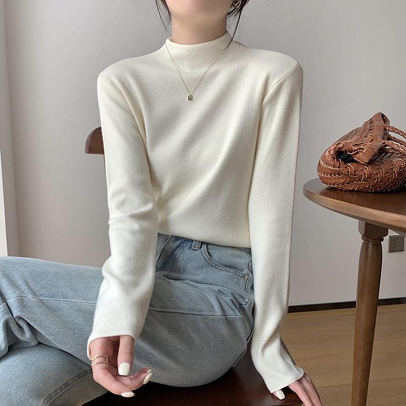 Coffee Semi-turtleneck Stacked Knitted Sweater Women's Autumn and Winter Simple Inner Long-sleeved Bottoming Top Soft Waxy Basic Sweater