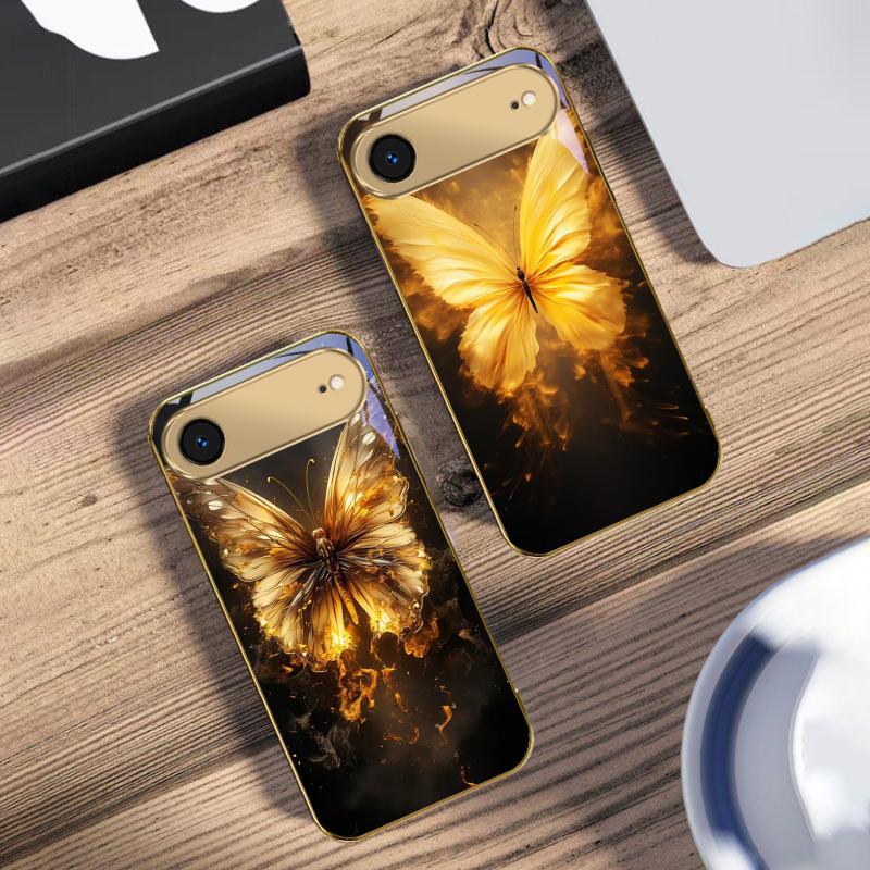 Flame Warm Butterfly For IPhone 17Pro Max 16 17 Pro 15 Pro 14 13 Plus 12 Mini 11Pro Max XR 16E 17Air Golden glass phone case
