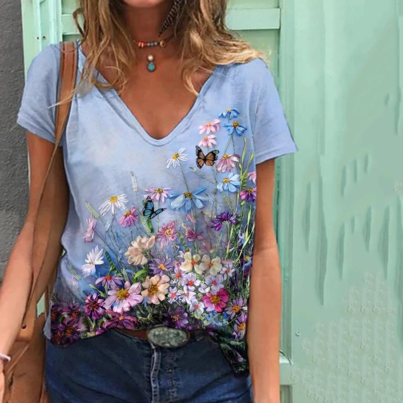 Women's Versatile Short Sleeve Fashion V-Neck Animal Print T-Shirt Casual T-Shirts Women’s