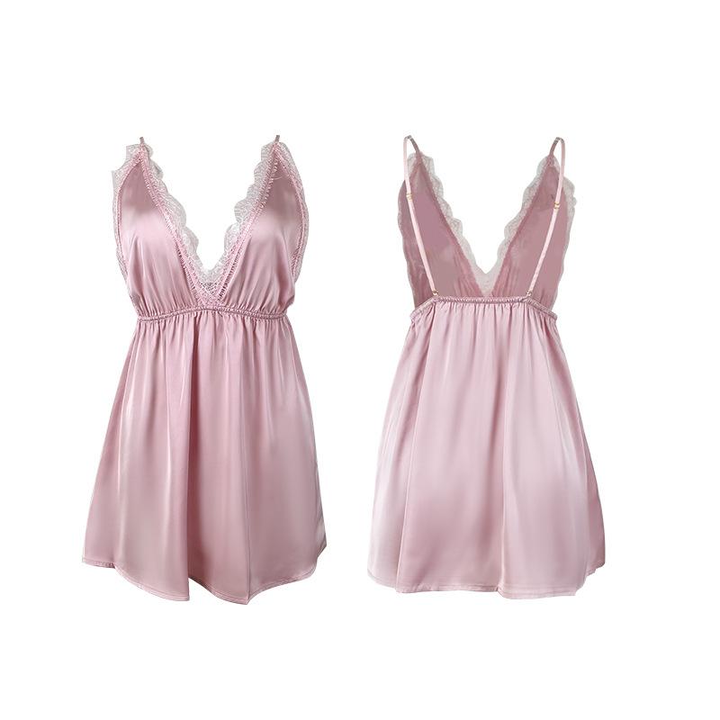 Satin Lace Patchwork Nightgown Deep V Backless Short Sexy Cami Pajamas 193 Flirty Elegant Sleepwear with Timeless Satin Texture