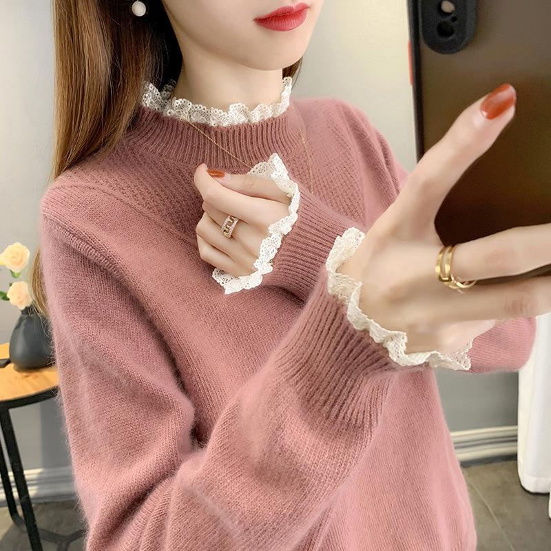 Winter Sweater Women Half High Collar Pullovers Thickened Bottom Sweater Lace Splice Overlay Tops Sweater