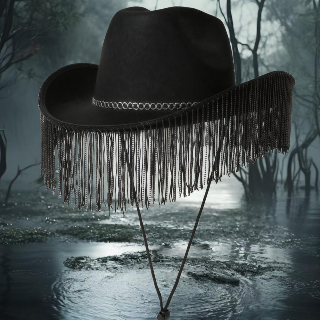 Halloween European and American fashion versatile holiday party party rhinestone decorated cowboy hat personalized fringed chain performance