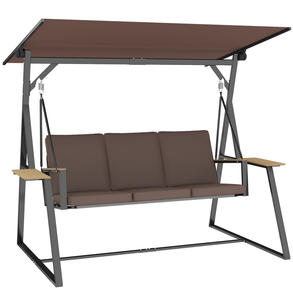 Outdoor Garden Swing 3 Seater With Adjustable Roof 2 Trays Cushions And Metal Frame Load 360 Kg Brown