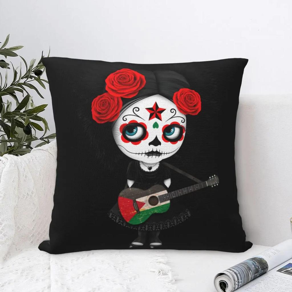 Sugar Skull Girl Playing  Flag Guitar Pillowcase Cushion Cover Decorations Halloween Horrible Pillow Case Cover Home