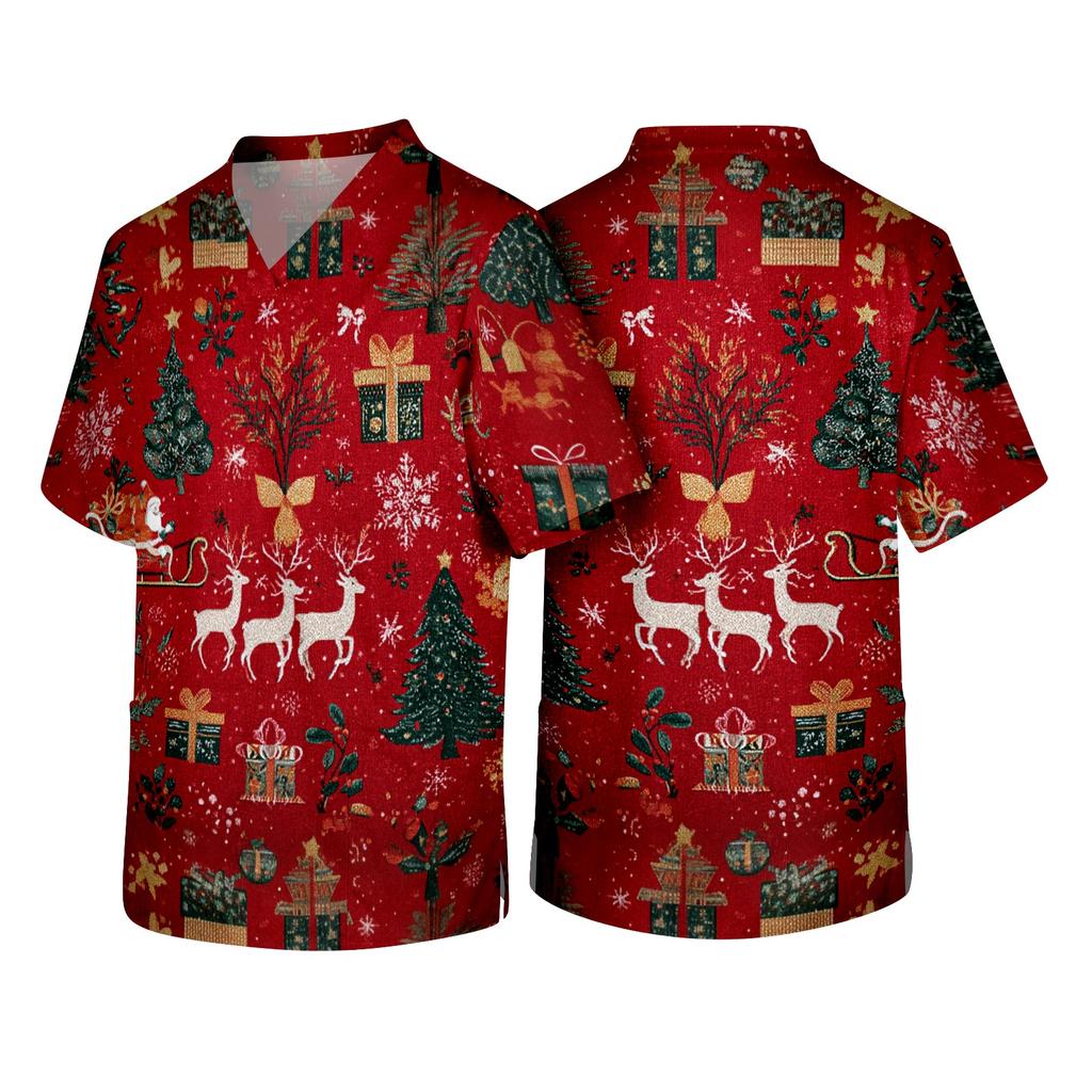 Men's Christmas Theme Caregiver Uniform, Holiday Scrub Top for Nurses and Workers