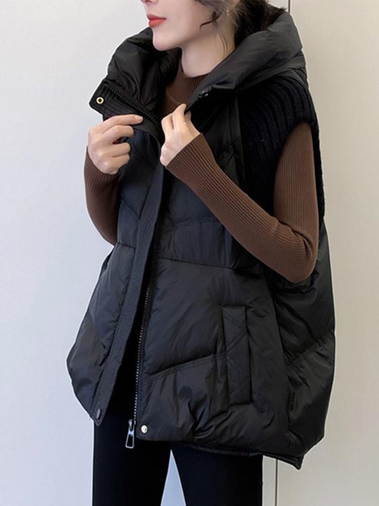 Women's Winter Knitted Duck Down Hooded Vest Sleeveless Warm Coat