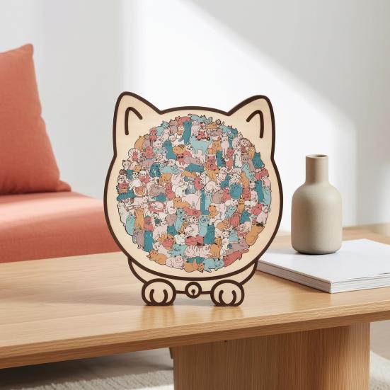 Interactive Family Games Colored Cat Shaped Wooden Jigsaw Puzzle, Creative Desktop Ornament, Unique Animal Shape Intricate Pattern Puzzles Wood