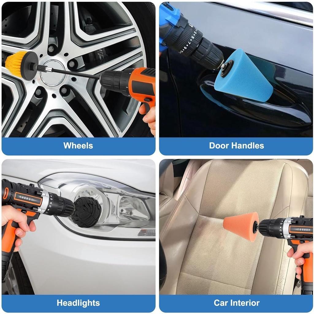 7Pcs Drill Polishing Cone & Ball Sponge Set, Foam Buffing Pads with Extension Holder & Brush, 1/4" Hex Shank for Electric Drill, Car Wheel Hub Rim