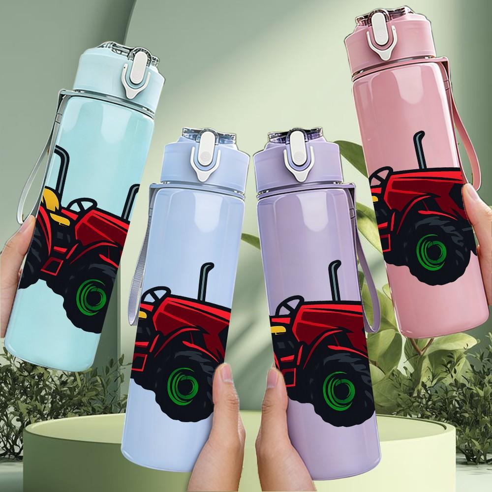 1PC Red Farm Tractor Pattern 750ml Color Plastic Sports Water Bottle Leakproof Flip Straw Lid Suitable for Sports Office Home Use