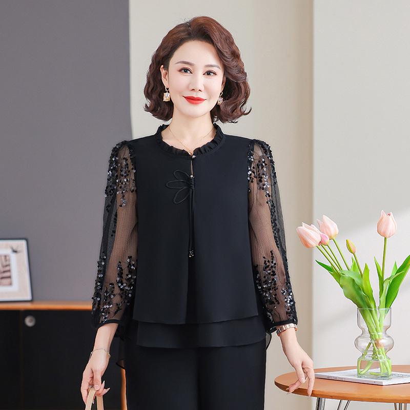 

Mother s Spring Suit Set: Stylish 2025 Summer Blouse with Gauze Sleeves for Women - Two-Piece Set 2XL/120-135 lbs