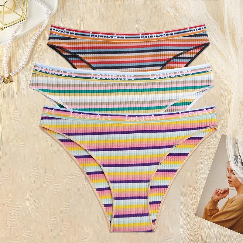 3PCS/Set Women Cotton Seamless Panties for Female Underwear Panty Sexy Colorful Striped Lingerie Letter Waist Brief