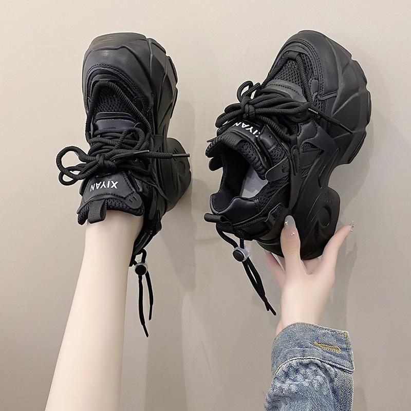 Fashion 9.5CM Women Casual Leather Sneaker Autumn Lace up High Platform Shoes Thick Sole Sport Dad Shoes Woman Sneakers Chaussure Femme