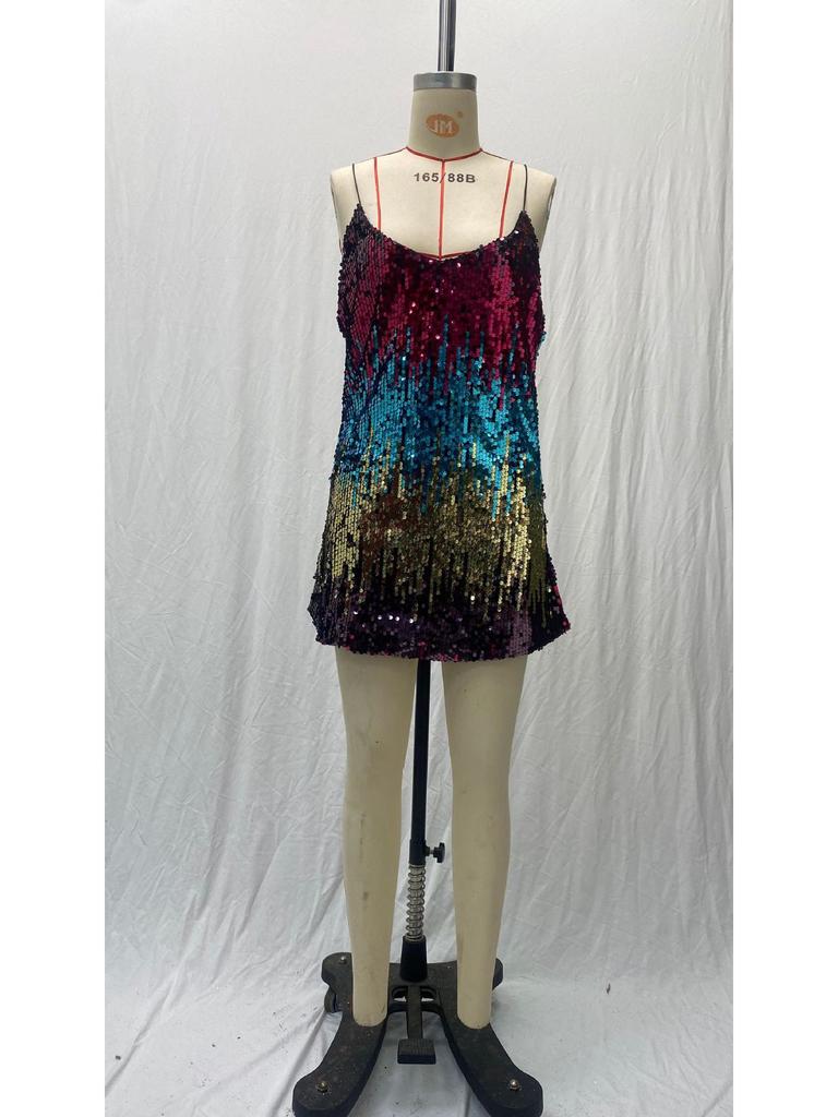 2025 Summer Sleeveless Sequin V-neck Mini Dress for Women - Sexy European & American Style with Spaghetti Straps