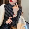 Autumn and winter new warm thickened knitted bottoming shirt women's stripe versatile integrated velvet semi-turtleneck pullover sweater inner