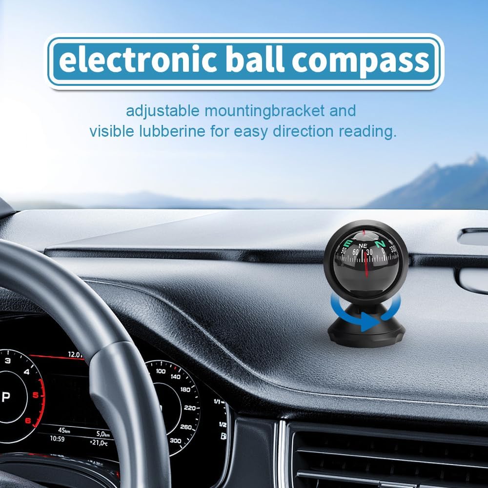 Car Compass, Vehicle Compass, Dash Mount Adjustable Compass Ball with Bottom Stick, Universal Car Accessories Navigation Hiking Direction Pointing