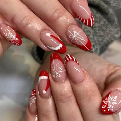 24Pcs Glitters French Manicure Red White Stripes Snowflake Pattern Press On Nail Christmas Party Wear False Nail
